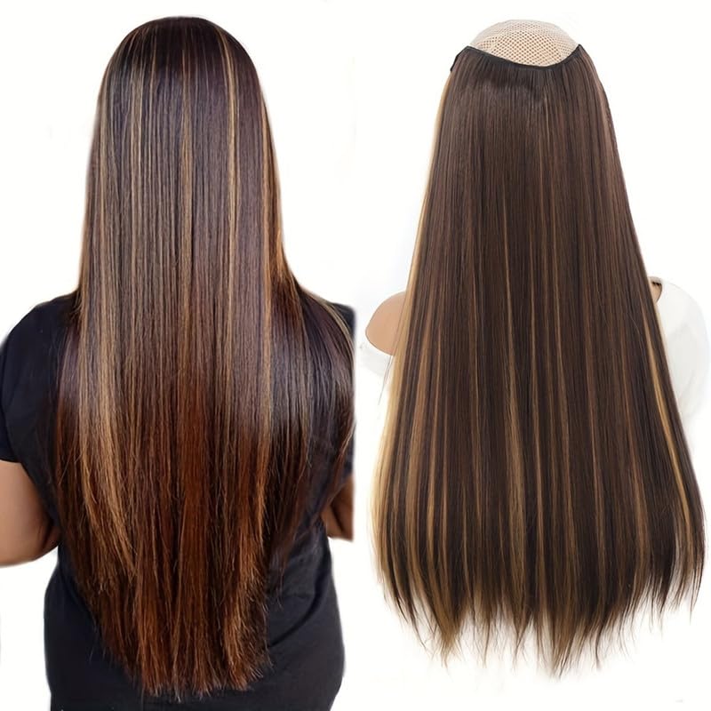 Image of 24 inch Heat Resistant Clip In Synthetic Straight Hair Extensions - Synthetic Hair Extension /Ponytail Long Braided Ponytail With Elastic Hair Ties Synthetic Hair Extensions (Style 3)