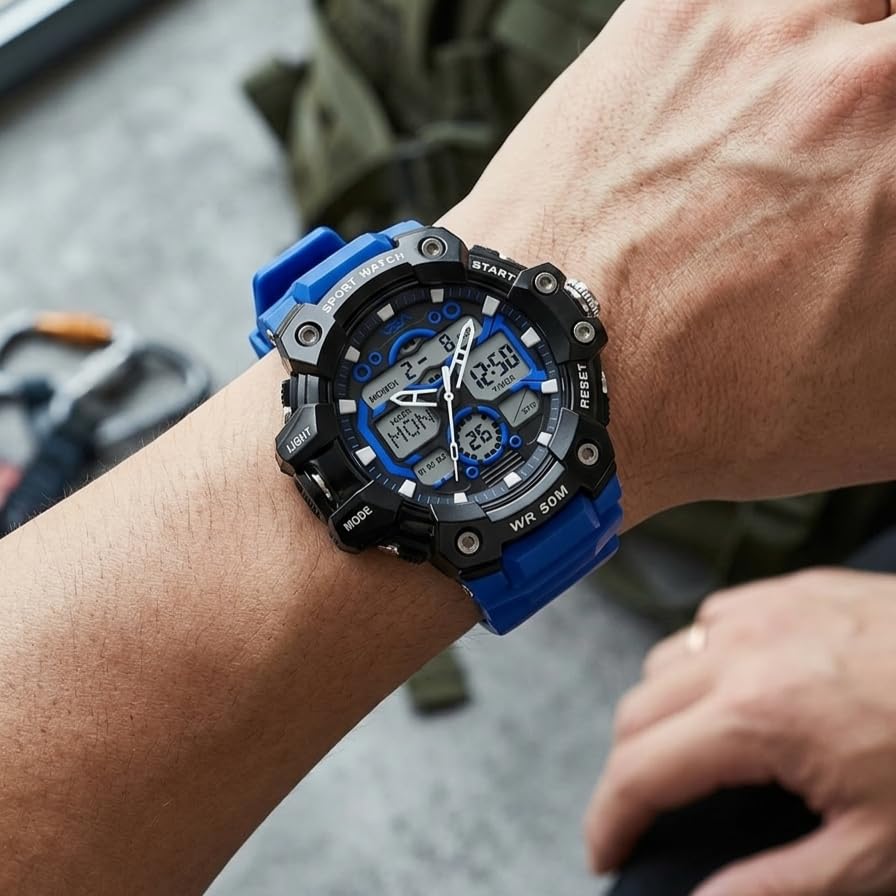 Image of V2A Stryke 53mm Analog Digital Sports Watch for Men | 3 Alarms & Countdown Timer | Layered Multi-Display Dial | Stopwatch, Dual Time, Day-Date | TPU Strap | 50M Water Resistant | Gift for Men