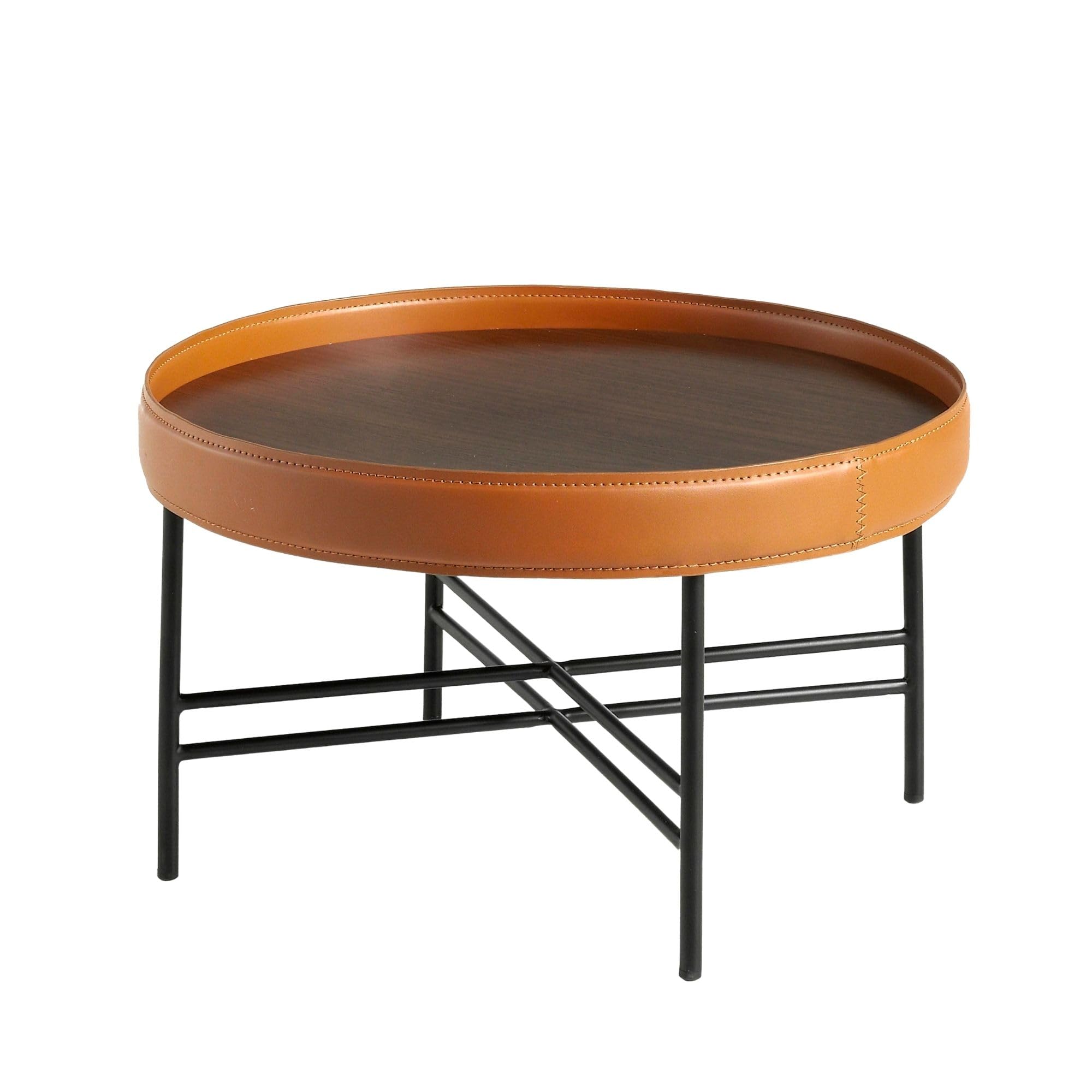 Angel Cerdá – Mesa Centro Diseño Tapa de Piel Vacuno Coñac y Madera de Nogal Natural | Mesa de Centro Redonda Contemporánea, Elegante | Patas de Acero Oscurecido | Ideal para Salón | Ø62 x 35 cm