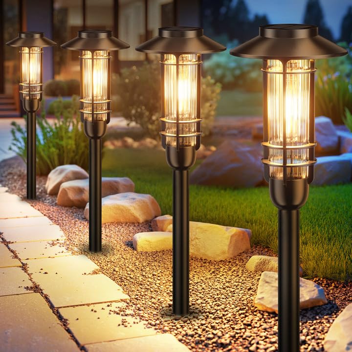 RECHOO Solarlampen für Außen Garten 4 Stück, Solarleuchten für Außen mit Warmweiß Wolfram Licht, IP65 Wasserdicht Solar Gartenleuchten für Outdoor Balkon Garten Deko