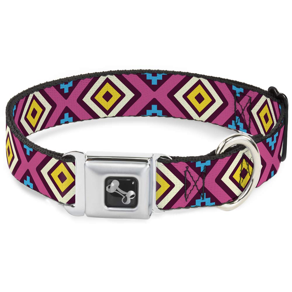 Collier de chien en forme d'os Buckle Down géométrique bordeaux et rose large 15-66 cm