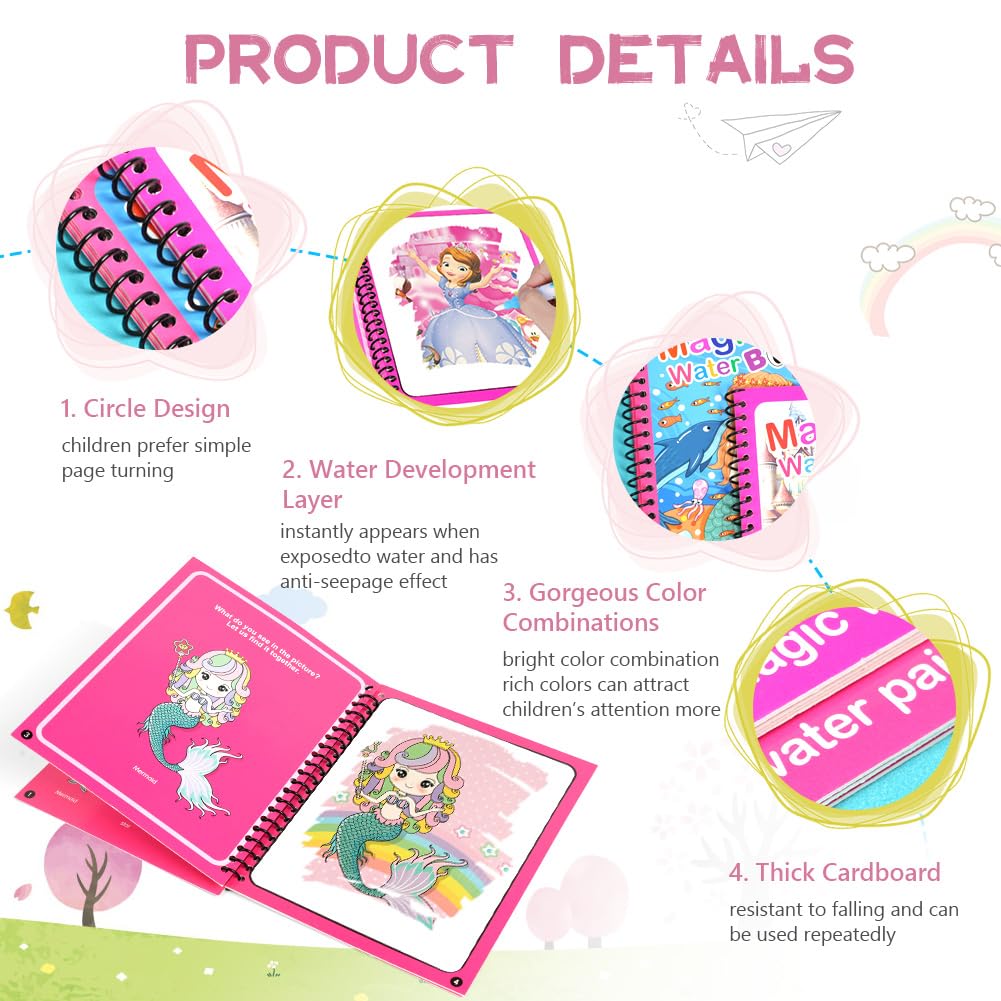 OSDUE Libro da Colorare ad Acqua, 2 Pezzi Libro di Pittura ad Acqua per Bambini, Libro da Colorare ad Acqua Magica con Penna, Bambini Istruzione Drawing Toy, Bambini in Viaggio attività di Pittura