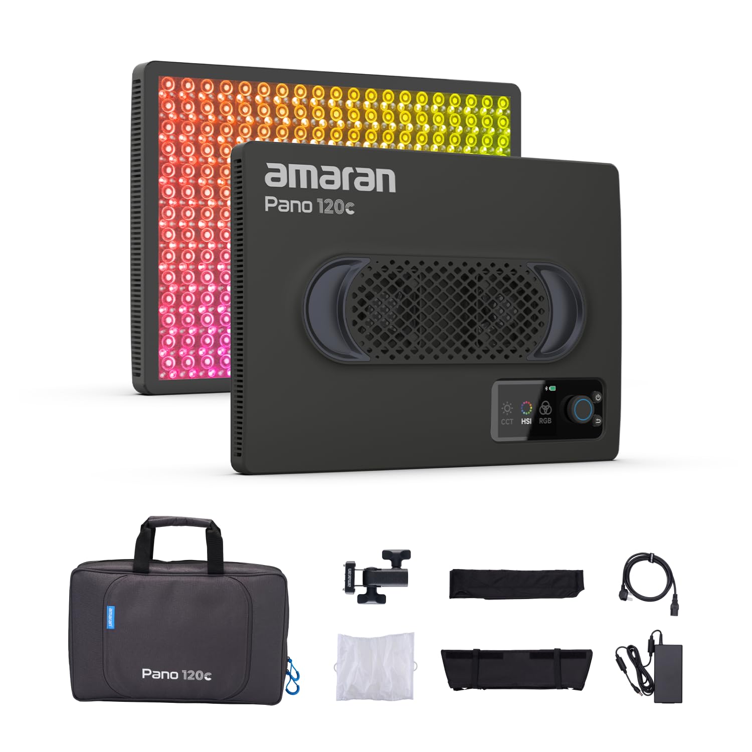 amaran Pano 120c Kit 120W RGBWW Luce a pannello a colori, fino a 13.490 Lux @ 1m, USB-C PD e 150W DC Powered, include Softbox, Griglia, Diffusore, Custodia per fotografia e video - Antracite