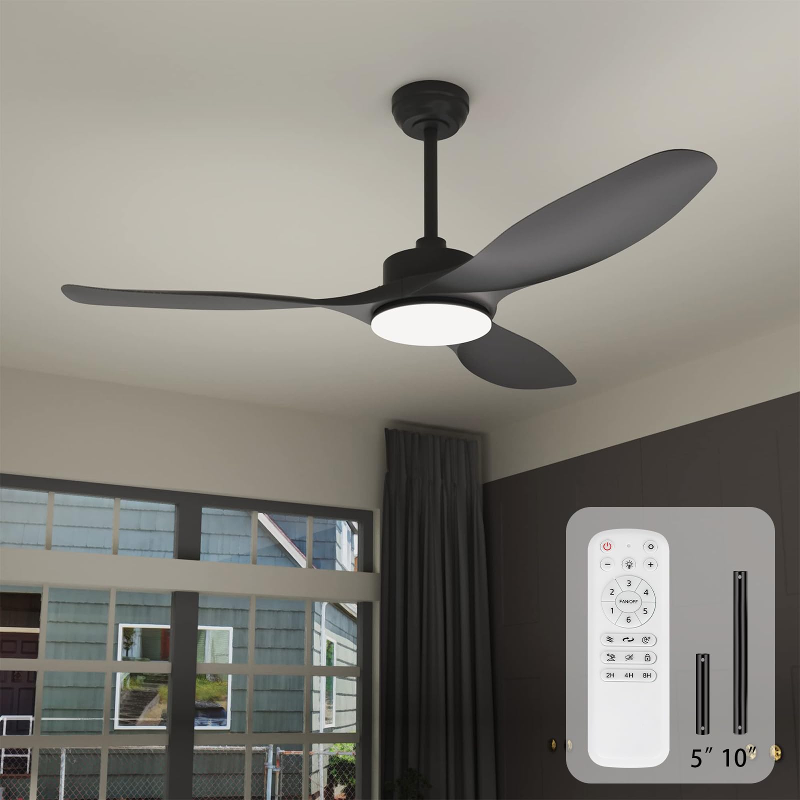 Wozzio 52'' Ceiling Fans with Lights Remote Control,Black Sloped Mount Ceiling Fan 3CCT 22W Dimmable LED Light,3 Reversible Blades,6 Speed Ceiling Fan