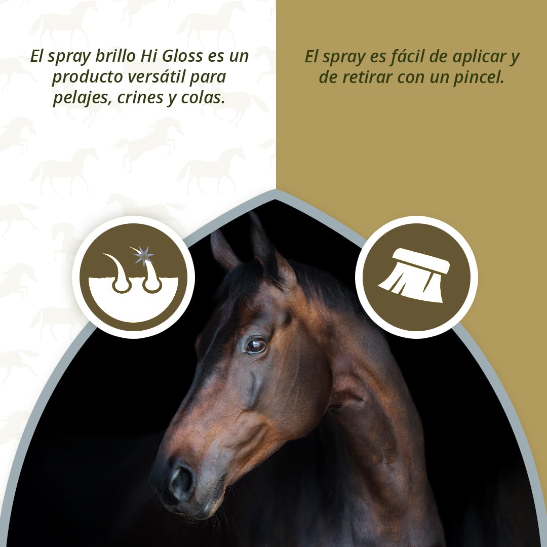 Excellent Holland Animal Care Hi Gloss Spray Brillante - 250 ml - Spray para Crin de Caballos - Bonito Efecto de Brillo - Spray para Cola - Spray de Brillo para Caballos - Apto para Caballos - Dorado