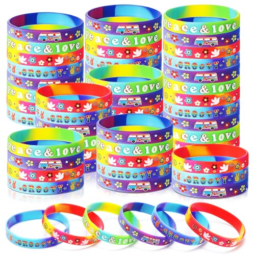 Suilung 60 Pcs 60's Hippy Retro Groovy Silicone Bracelets Wristbands Party Decoration Peace Love...