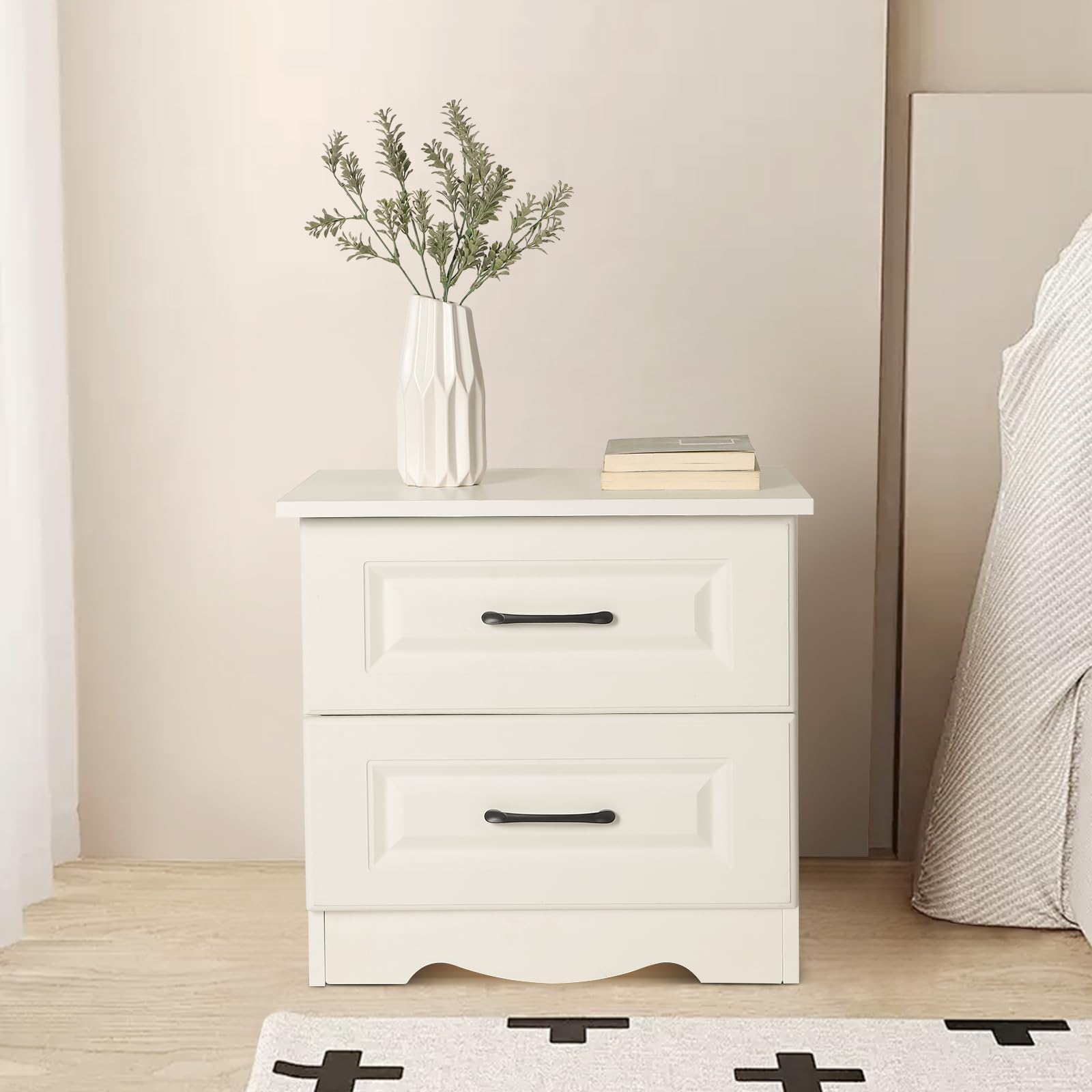 Mid-Century Modern Wood Nightstand, White Night Stand with Two Drawer, Bedside Table with Black Cut-Out Handle, Small End Table for Bedroom