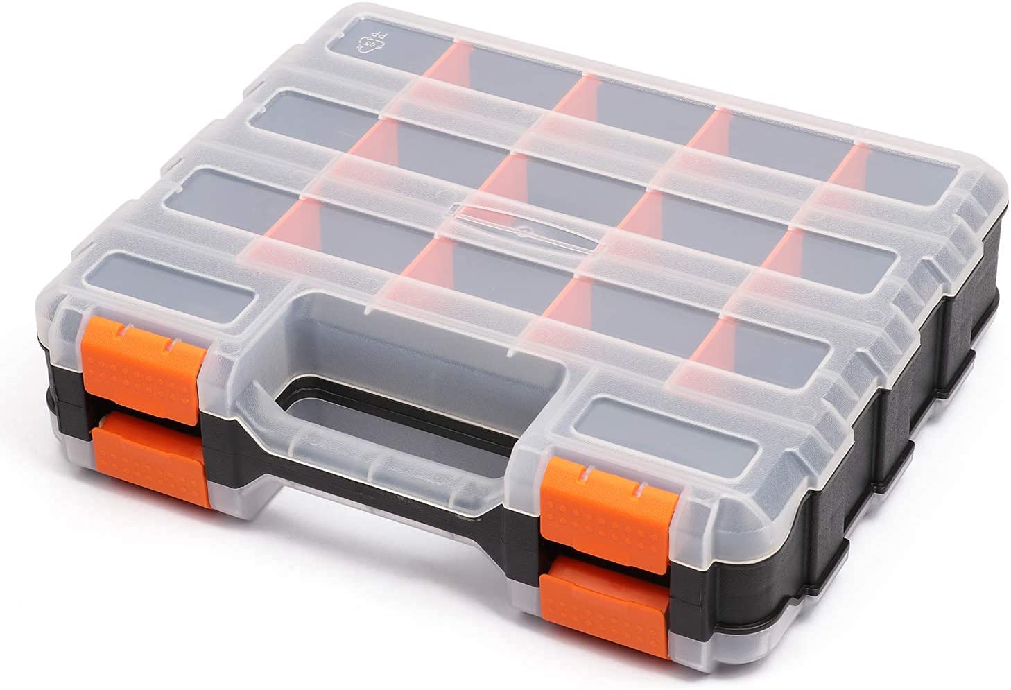 DELFINO Double Side Tools Organizer, Customizable Removable Plastic Dividers, Hardware Box Storage in a Slim Design, Excellent for Screws, Nuts, Small Parts, 34-Compartment, Black/Orange