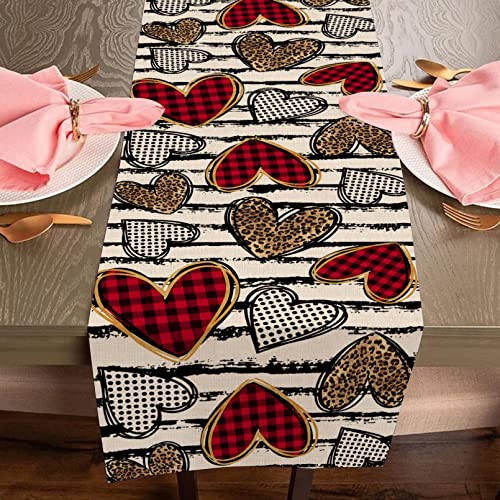 Seliem Valentine’s Day Black Stripe Love Heart Table Runner, Buffalo Plaid Check Polka Dot Leopard Scarf Home Kitchen Decor, Wedding Anniversary Farmhouse Burlap Dining Decoration Party Supply 13 X 72 #TOP4