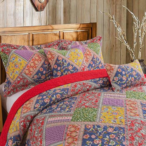BEDIFANY Cotton Queen Quilt Set - Vintage Farmhouse Bedspread with Vibrant Floral Pattern, 3-Piece Lightweight Coverlet (90x98 Inch) + 2 Pillow Shams, All Seasons Multicolor Quilt Bedding Set