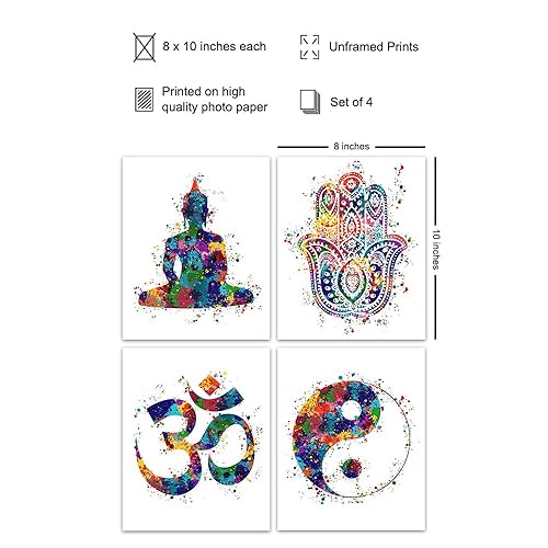 Miniatura 2 de Meditation Zen Wall Art Prints - Unframed Set Of 4 - Buddha, Yin Yang, Om And Hamsa Fatima Hand - Chic Home Decor - Great Gift For Yoga Fans  Ready