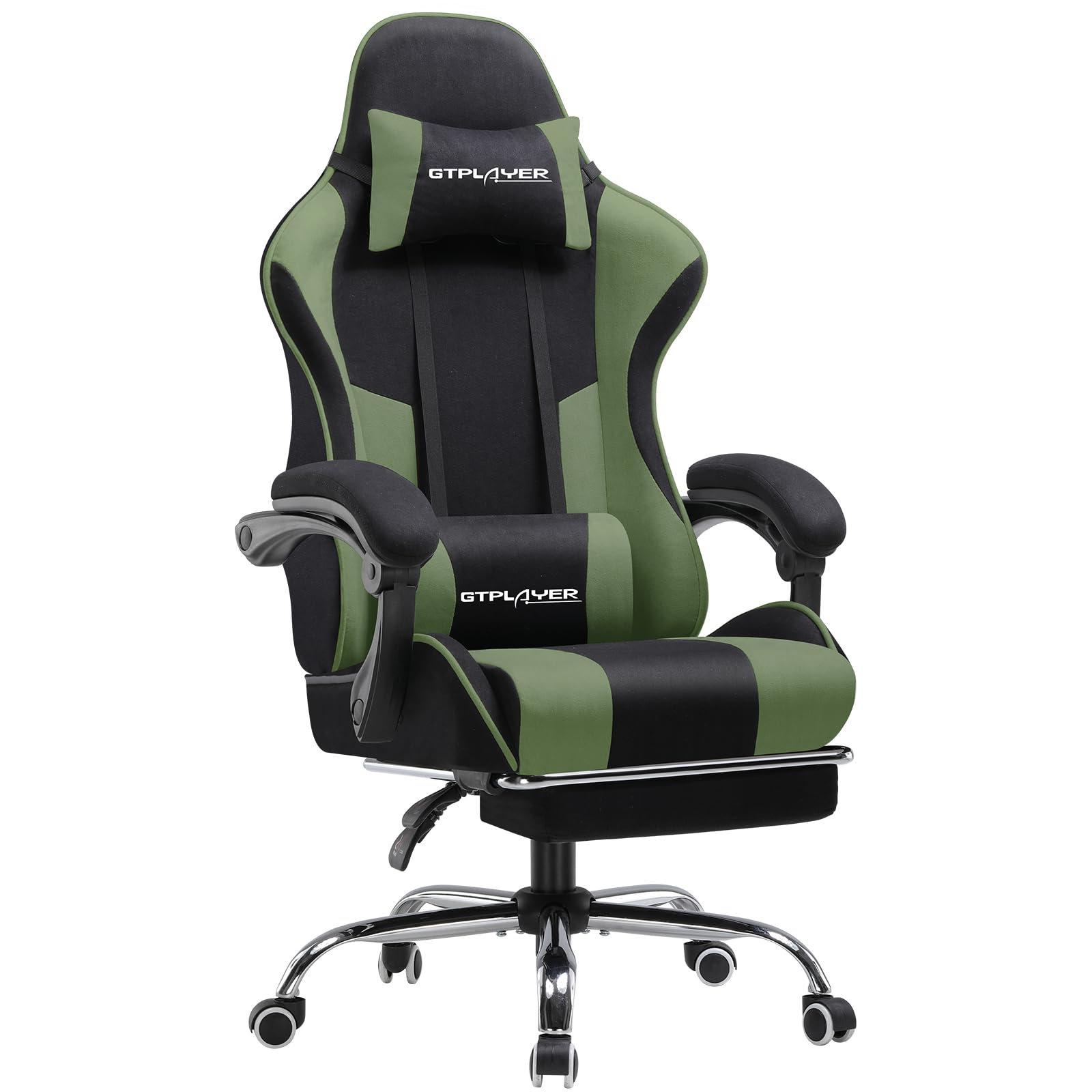 GTPLAYER Fabric Gaming Chair, Massage Ergonomic Computer Chair with Footrest, Lumbar Support, Headrest, Height Adjustable Home Office Reclining PC Racing Chairs Green