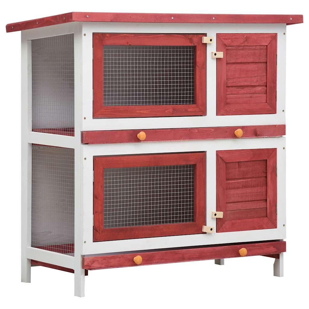 vidaXL Conejera Exterior 4 Puertas Rojo Madera