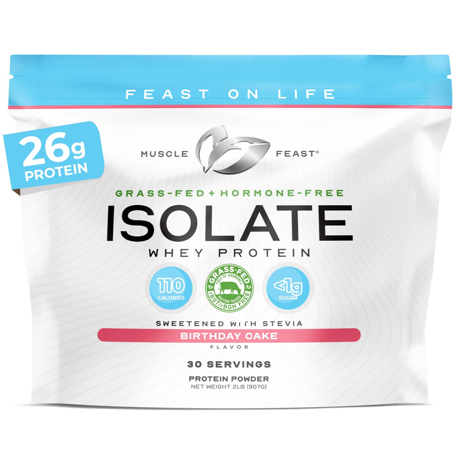 Muscle Feast Grass-Fed Whey Protein Isolate, All Natural Hormone Free Pasture Raised, Whey Isolate Protein Powder for Men and Women, Clean, Gluten-Free, Delicious Isolate Protein - Birthday Cake, 2lb
