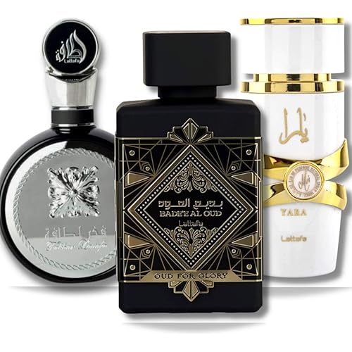 Lattafa Perfumes for Unisex 3 Piece Eau de Parfum Gift Set (Bade'e Al Oud Oud For Glory + Fakhar for Men + Yara Moi) 3.4 Ounce/100 ml each