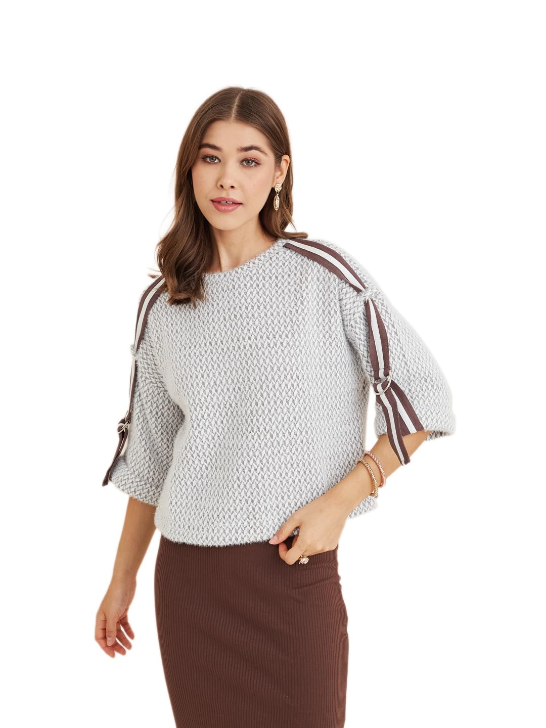 latin quarters Women's Grey Round Neck 3/4Th Sleeves Self Design Casual Sweatshirt-picture-29