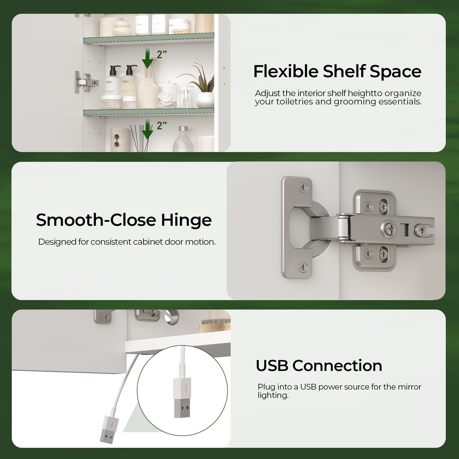 CHOEZON Armario de Baño con Espejo e Iluminación, 3 Temperaturas de Color, Armario de Pared de 45 x 60 cm con Estantes Ajustables, Puerto USB, Interruptor Táctil, Blanco