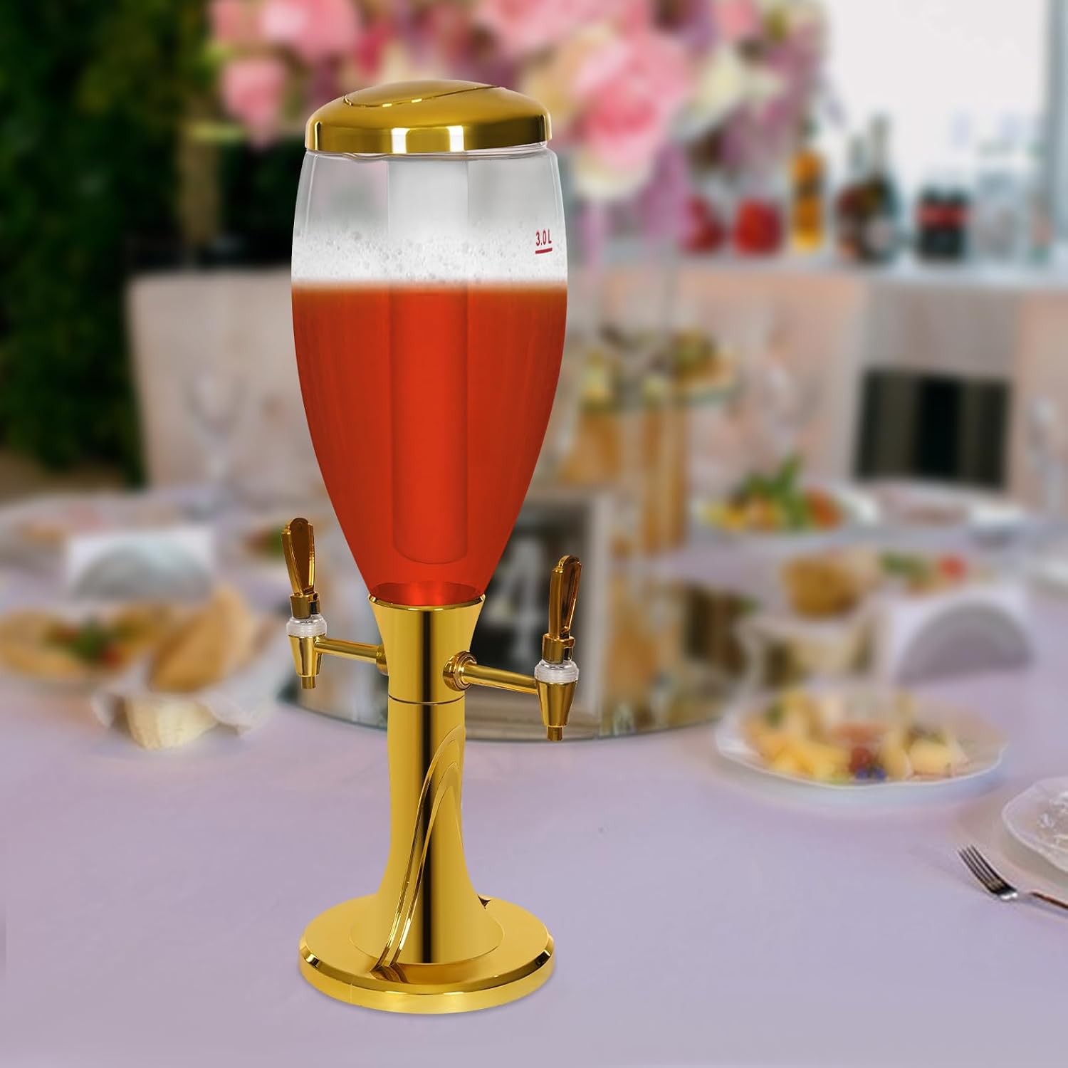 3L Beer Tower Dispenser with Dual Taps, LED Lighted Beverage Dispenser, Ice Tube Drink Tower, Gold Party Drink Dispenser for Beer, Juice, Cocktails, Home Bar & Events