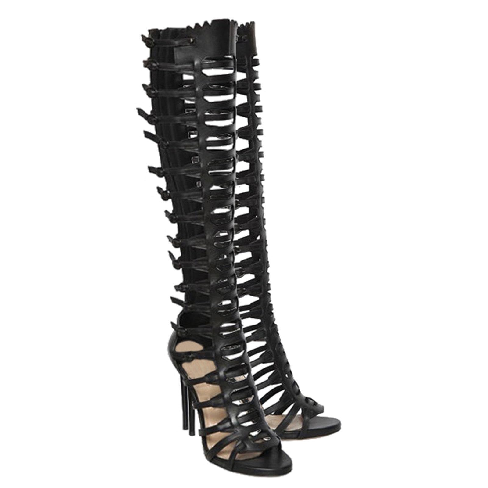 Tacco Alto Stivali Alti al Ginocchio Donna Sandali Punta Aperta Traforata Stivali Alti Cerniera Scarpe Festa Tacco 11cm,Black-35