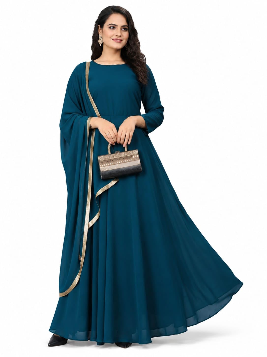 Teal Blue Anarkali Gown with Dupatta, Georgette Fabric-image-36