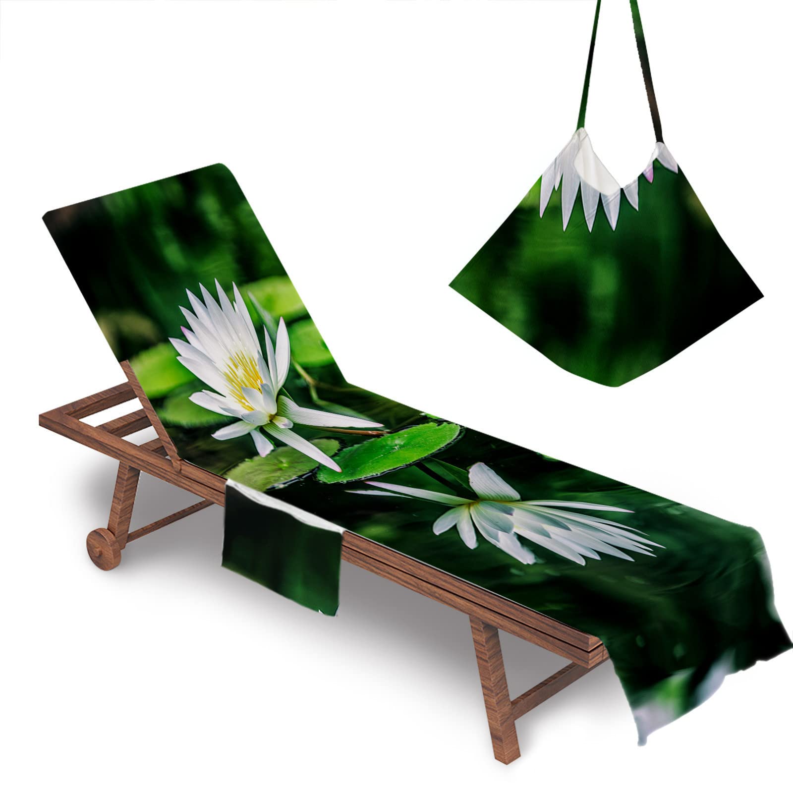 RRrawgff Beach Chair Cover Towel, Sunflower Pattern Beach Towel Lounger Bags with Pockets Sunbed Towels Fitted Microfiber Sun Lounger Towels for Summer Garden Pool Vacation (Lotus Flower)