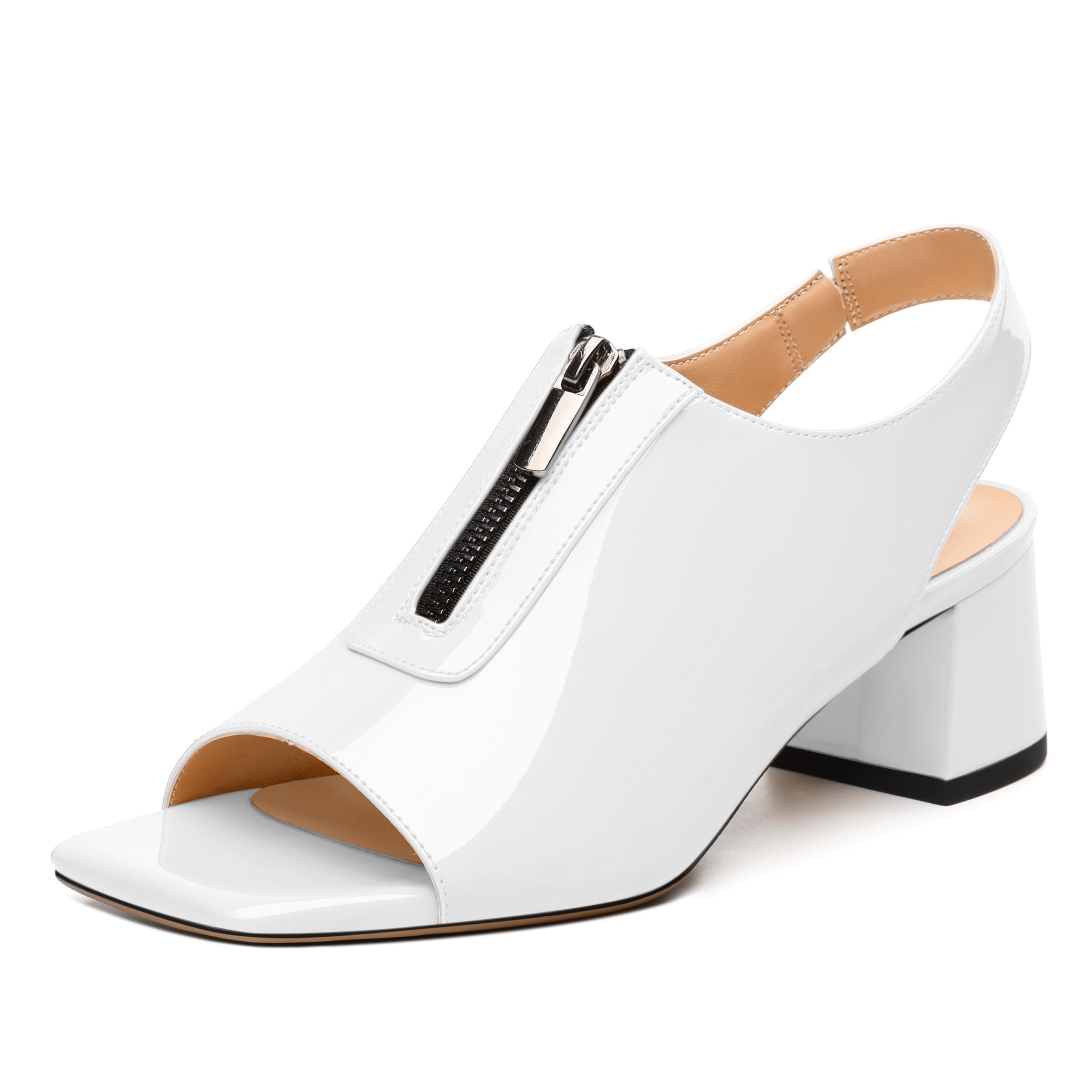 MISEZOXI Womens Pumps, Square Peep Toe Mid Block Heel Slingback Pumps for Women, Open Toe Backless Pumps with Front Zipper 2