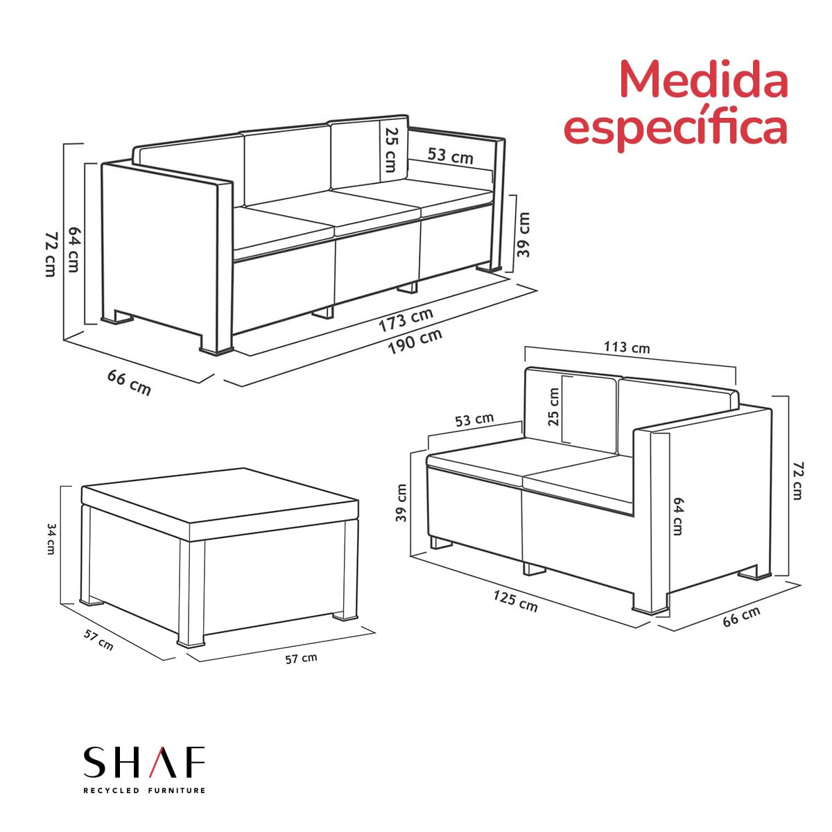 SP Berner - Set de Muebles de Jardín y Terraza Oasis Color Grafito - Tres Piezas - Sofá Canapé 3 y 2 Plazas y Mesa de Centro con Almacenaje - Fabricado en España con Plástico Reciclado