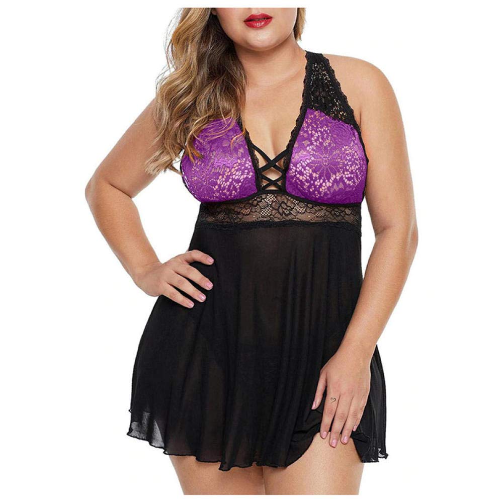 Body Femme sous-vêtements Femme Dentelle à Armatures Chemise de Nuit Sexy en Mousseline Lingerie Chemise de Nuit (Noir XL) (Violet XXL)