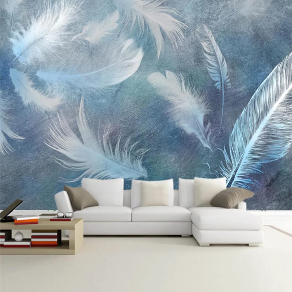 Carta Da Parati 3D,Motivo Piumaggio Azzurro Retrò Moda Grande Carta Da Parati Autoadesiva Buccia E Bastone Carta Di Contatto Staccabile Vinile Murale Adatto Per Soggiorno Camera Da Letto Decorativo,