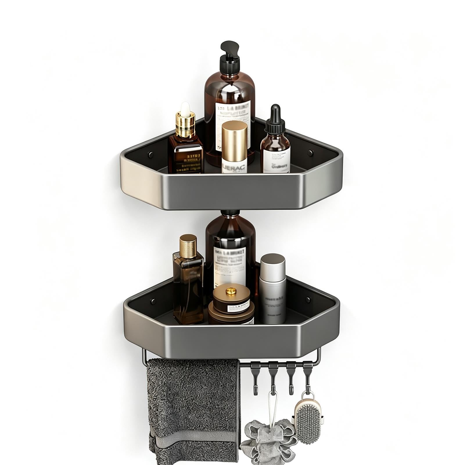 Space-Aluminium-Eckduschregal, Dreieckiger Caddy Zur Wandmontage Mit Haken Und Rostfreiem Hohlablauf for Badezimmer Und Dusche(A,4)