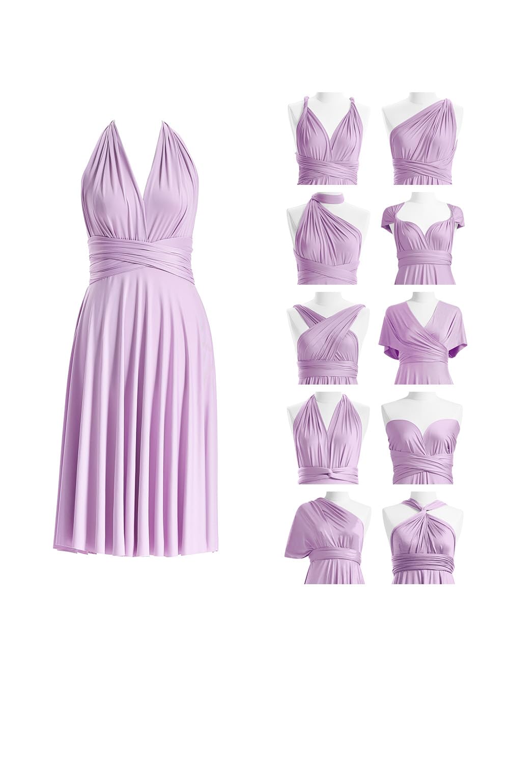 Short Multiway Bridesmaid Dress, Infinity Wrap Dress Midi, Knee Length, Formal Evening Gown Prom Wedding Guest, Lavender, M
