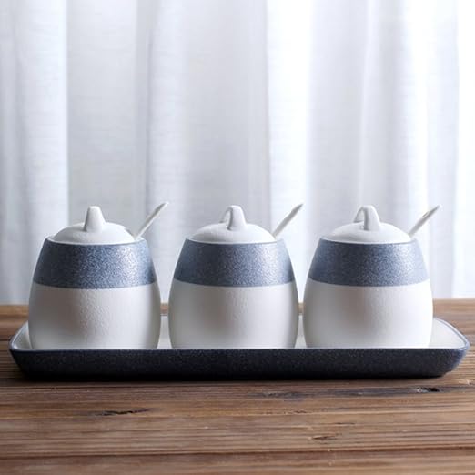 Amazon Debon 調味料入れ 3点セット 和風 おしゃれ 陶製 塩 砂糖 胡椒 香辛料 スパイス 健康 スプーン付き 蓋付き 青白 調味料入れ オンライン通販