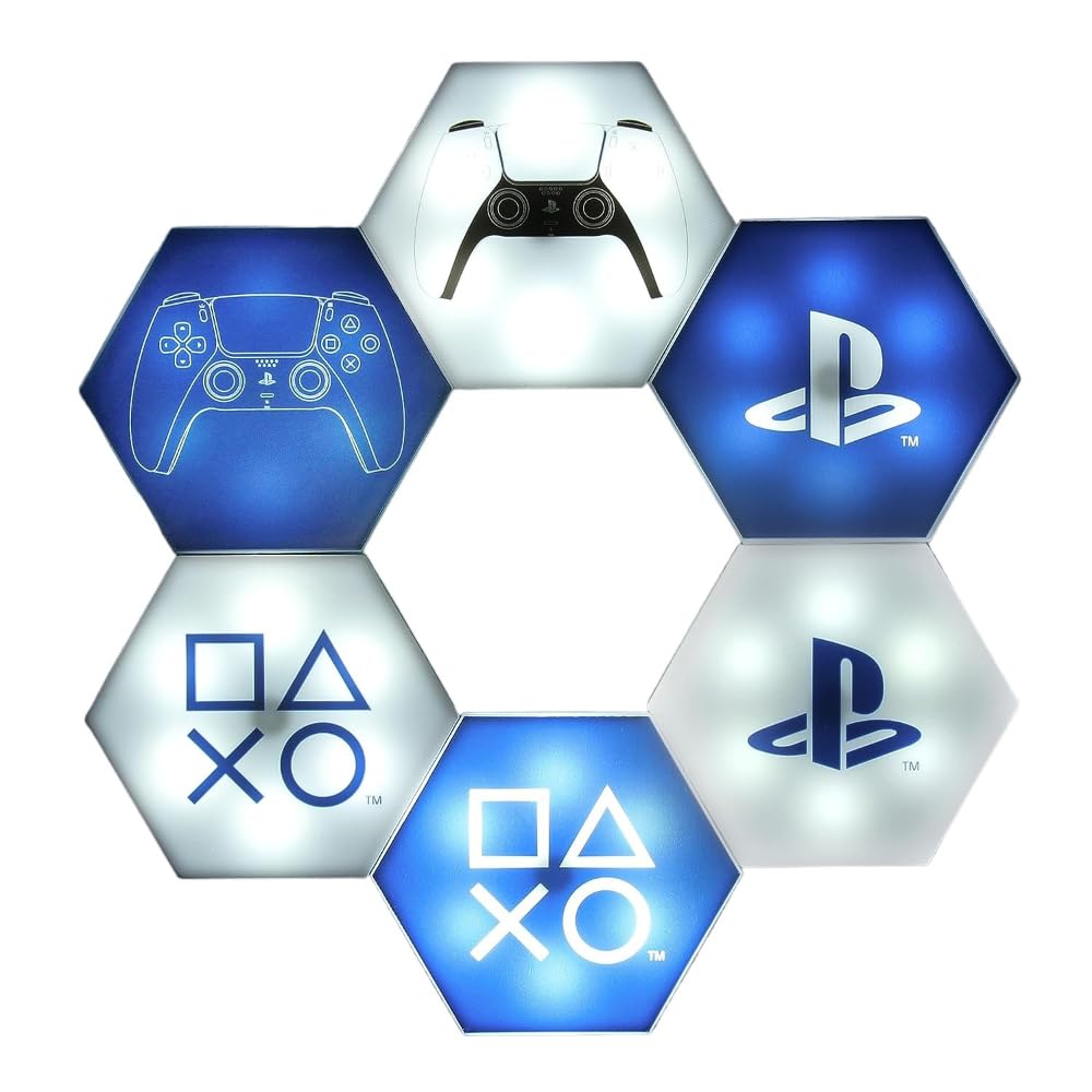 Luces LED hexagonales PlayStation - Producto oficial, decoración de sala de juegos personalizable, iluminación controlada por remoto y modos reactivos a la música