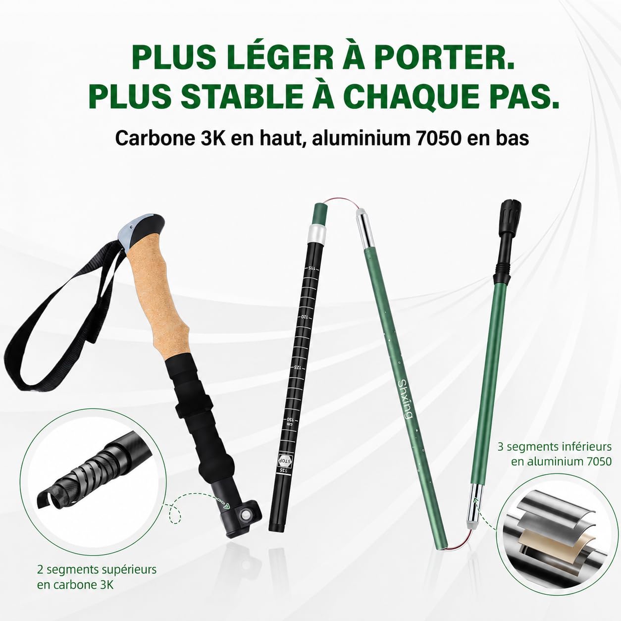 Bâtons de randonnée Pliables Lot de 2, 35 cm, Carbone-alu | 35 cm pliés; réglables 110–135 cm; carbone 3K + alu 7050; liège + EVA; housse & embouts pour randonnée/trek