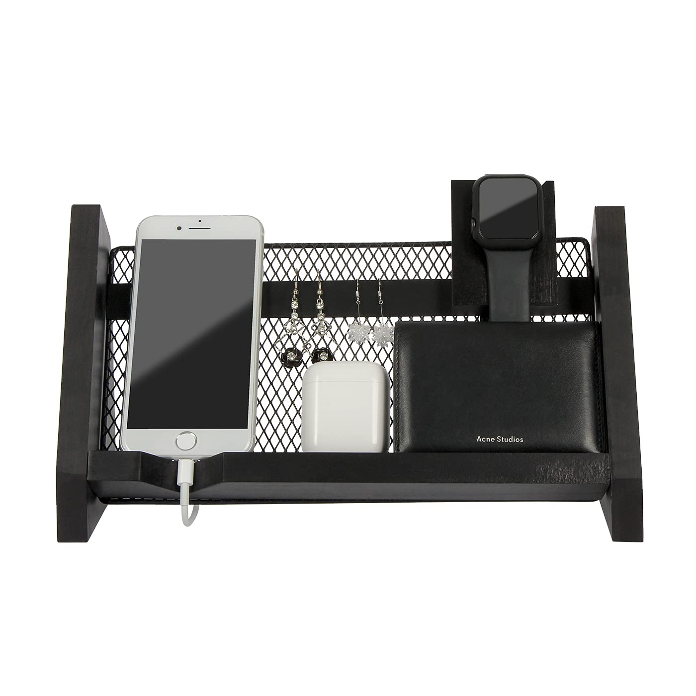 J JACKCUBE DESIGN Black Wood with Wire Mesh Phone, Tablet, Watch, Airpods and Wallet Docking Station Holder Stand Desk Organizer with Watch Wireless Charging Port - MK635A