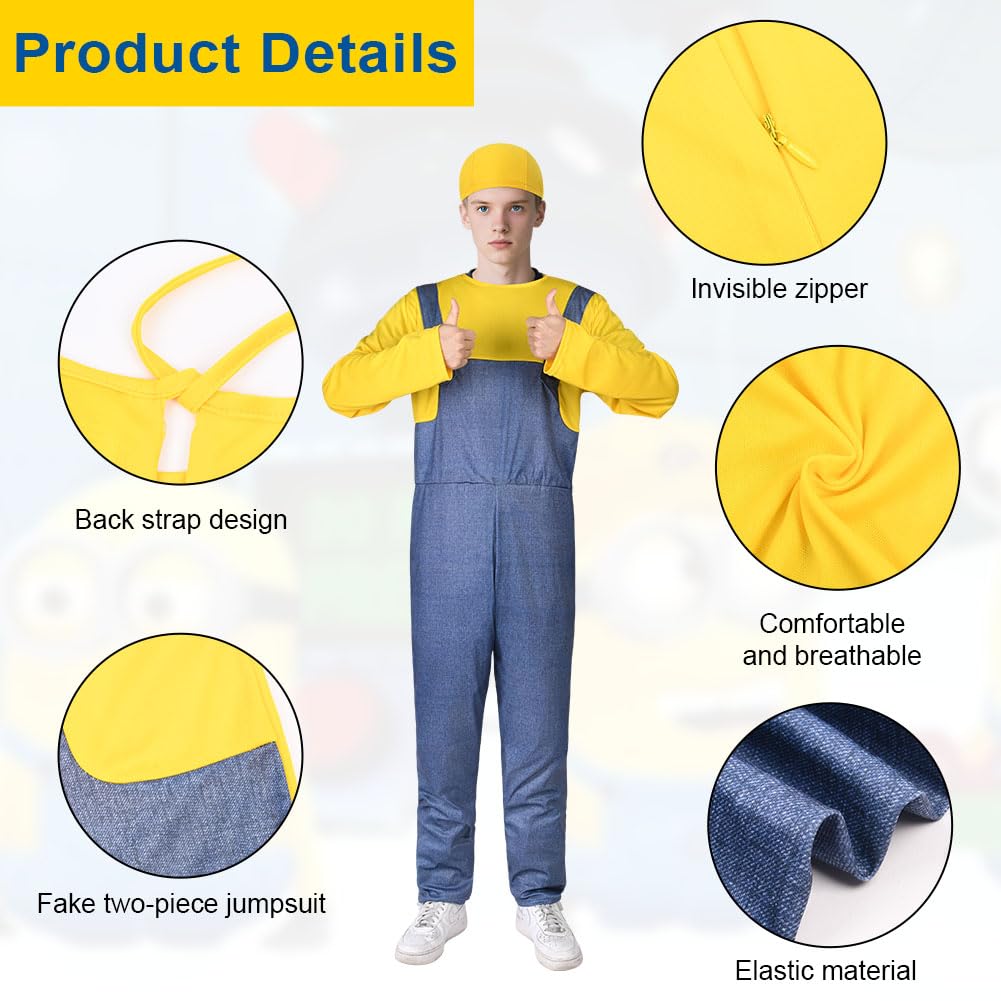 BSBUY Yellow Costume Adults World Book Day Costume 3Pcs Man Yellow Cosplay Costume Set Cosplay Dress Up Outfit Funny Dress Party Supplies Yellow Costume Halloween with Black Gloves Beanie Knit Hat - Image 4