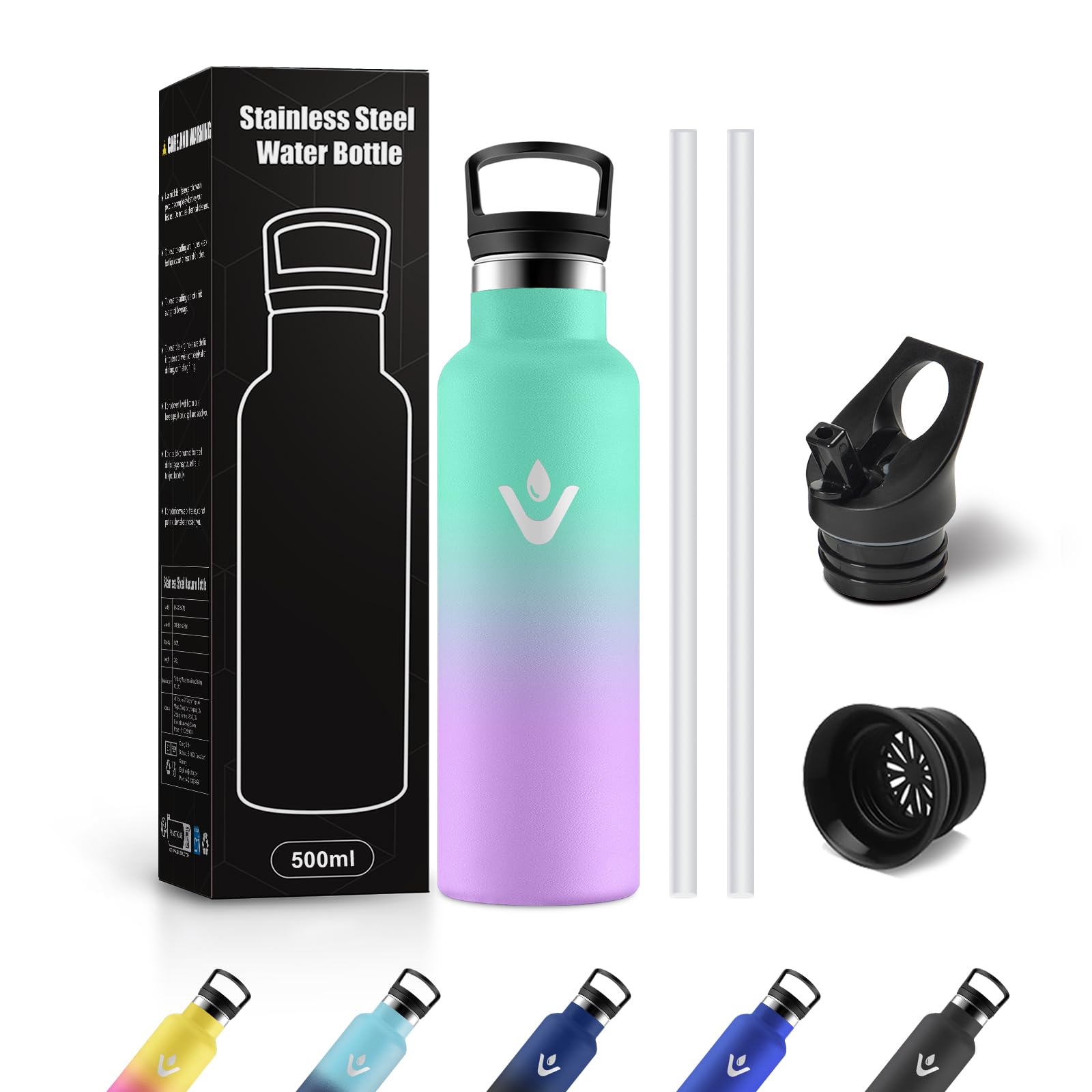 Bottiglia Termica 500ml, Borraccia Termica con Cannuccia, Riutilizzabile, senza BPA, a prova di perdite, per Campeggio, Viaggio