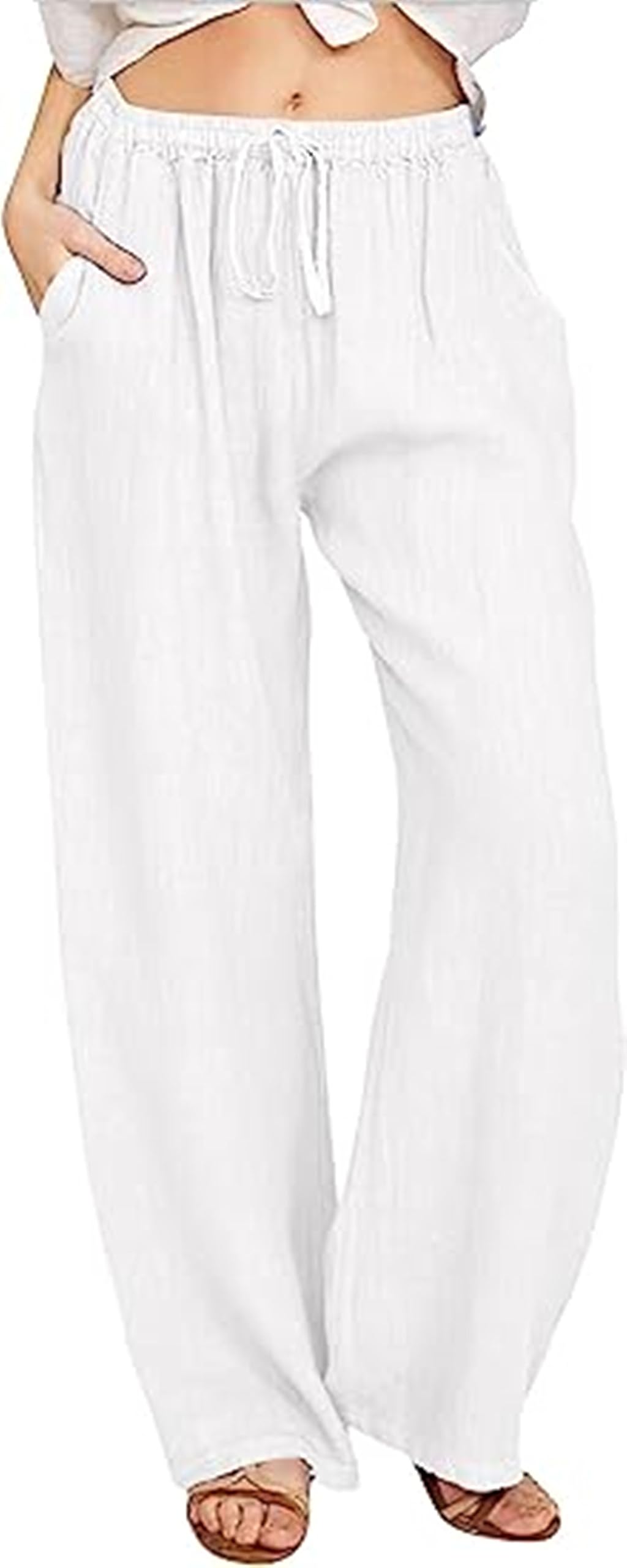 Womens Joggers Pants Casual Solid Cotton Linen Trousers Drawstring Elastic High Waist Wide Leg Pants Activewear Baggy Trousers Tracksuit Jog Pants Sports Workout Gym Yoga Sweatpants S White