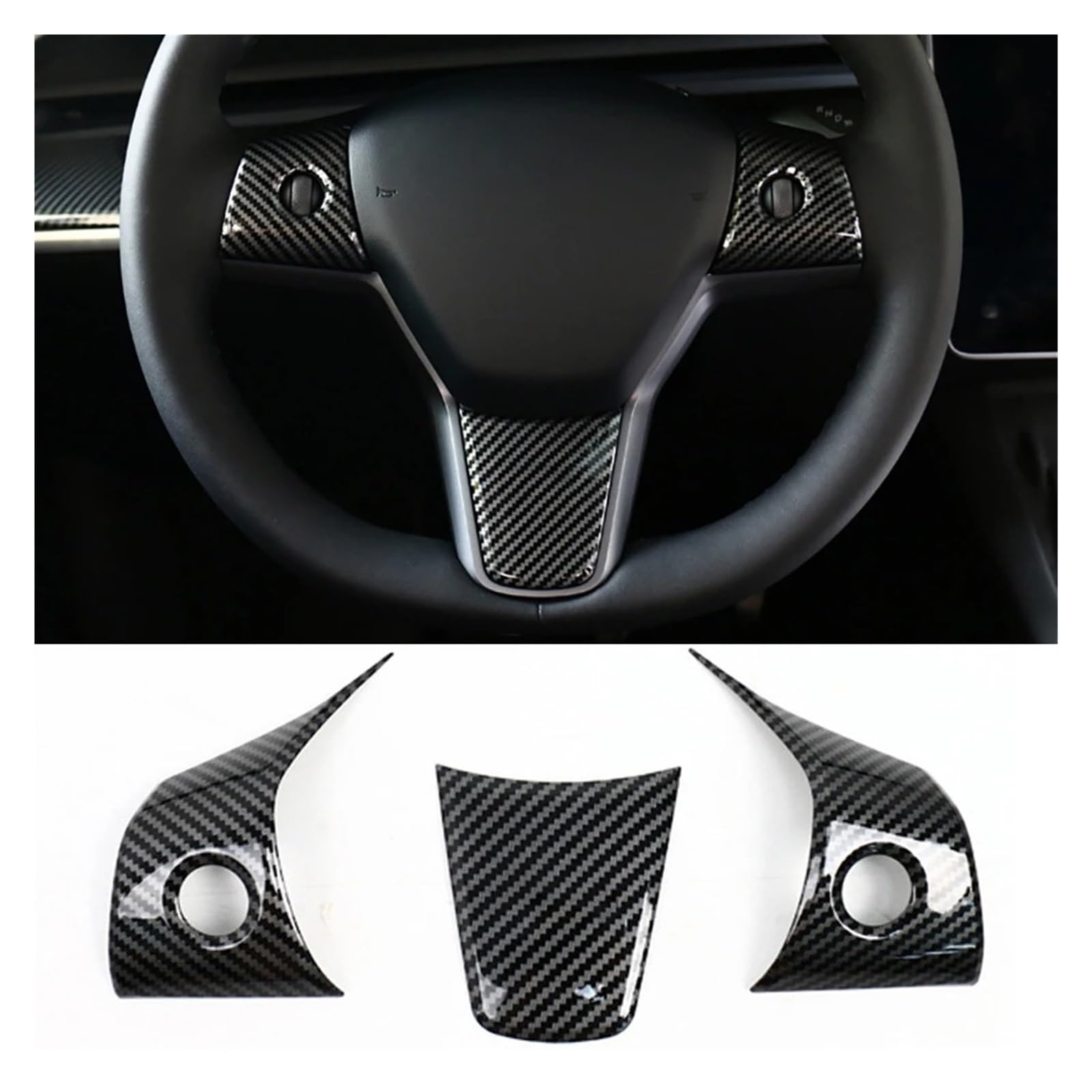 Interior Mouldings for Tesla Model 3 Y 2023 ABS Steering Wheel Cover Sticker Carbon Fiber Car Panel Trim Frame Interior 3 Pieces Car Accessory(Glossy Carbon Fiber)