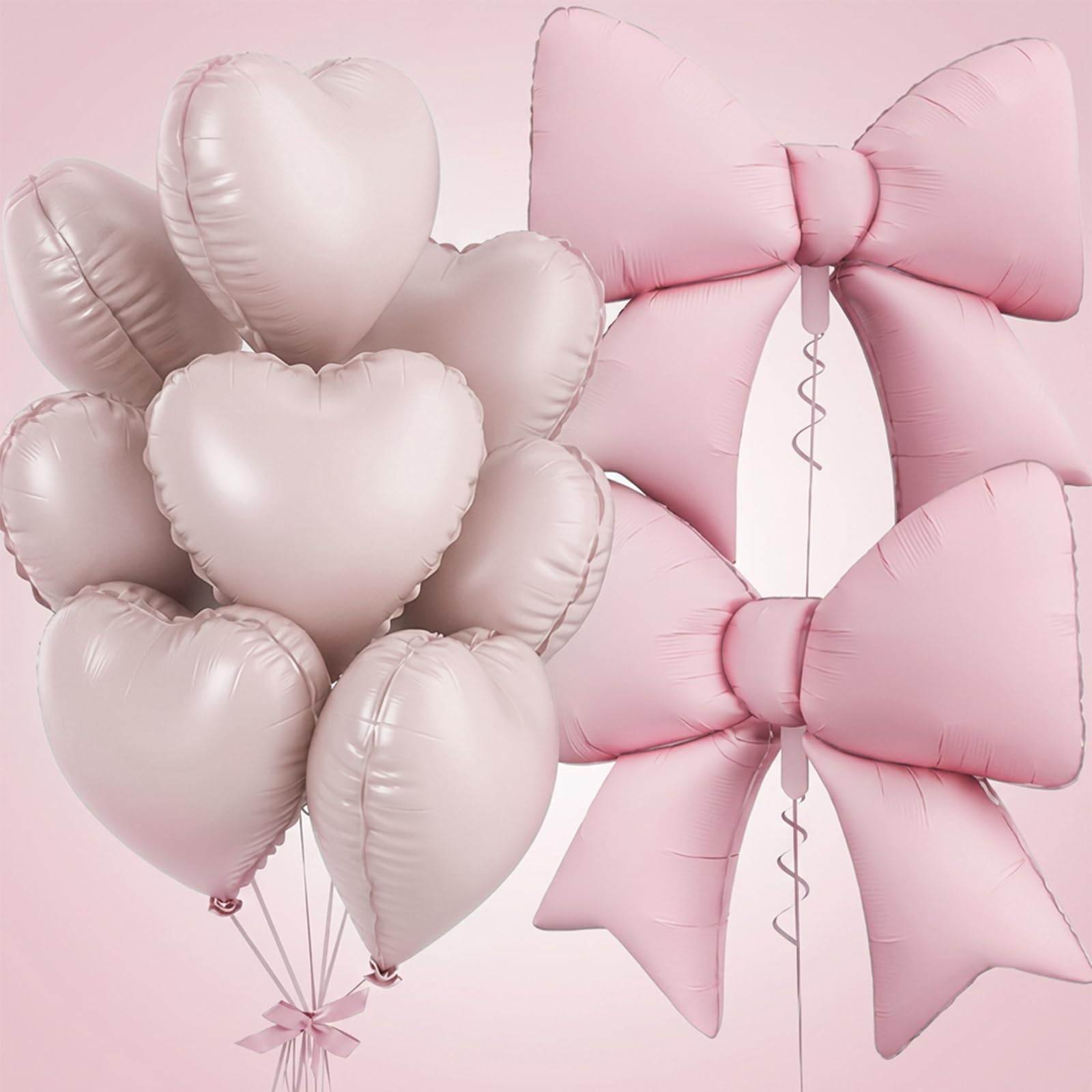 Pink Bow Balloons 10PCS Set - Large Self-Sealing Quick Inflate Balloons with Heart Shapes, Elegant Aluminum Foil Party Decorations for Birthday Wedding Anniversary (2 Bow + 8 Heart Balloons)