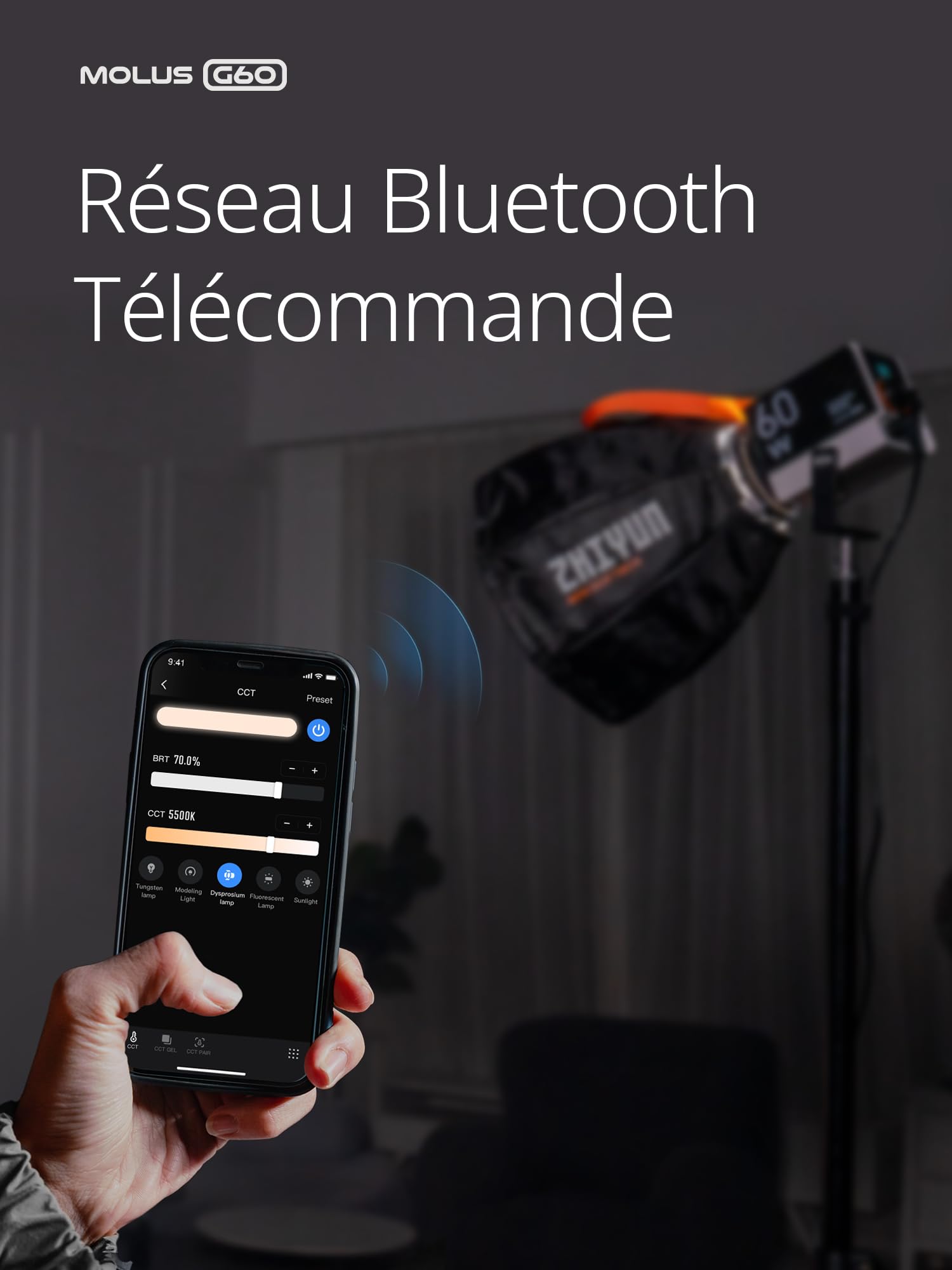 ZHIYUN MOLUS G60 [Official] Lumiere Video 60W, COB LED Eclairage Video Portable, Bi-Colore Streaming Lampe avec 2376 Lux/ 2700~6500K/ CRI≥96/ TLCI≥97/ Contrôle APP, pour Youtube TikTok
