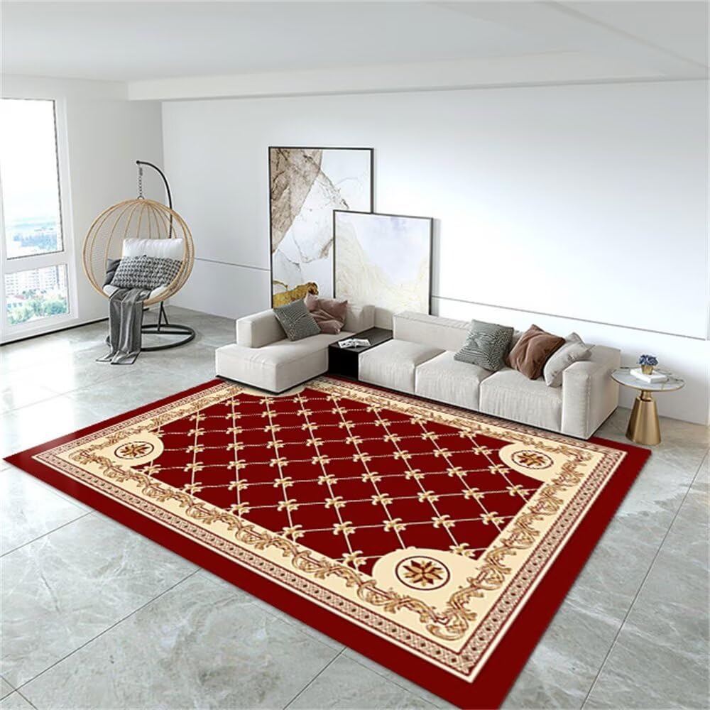 Tapis salon rouge 200x250cm lavable en machine pour une deco florale elegante