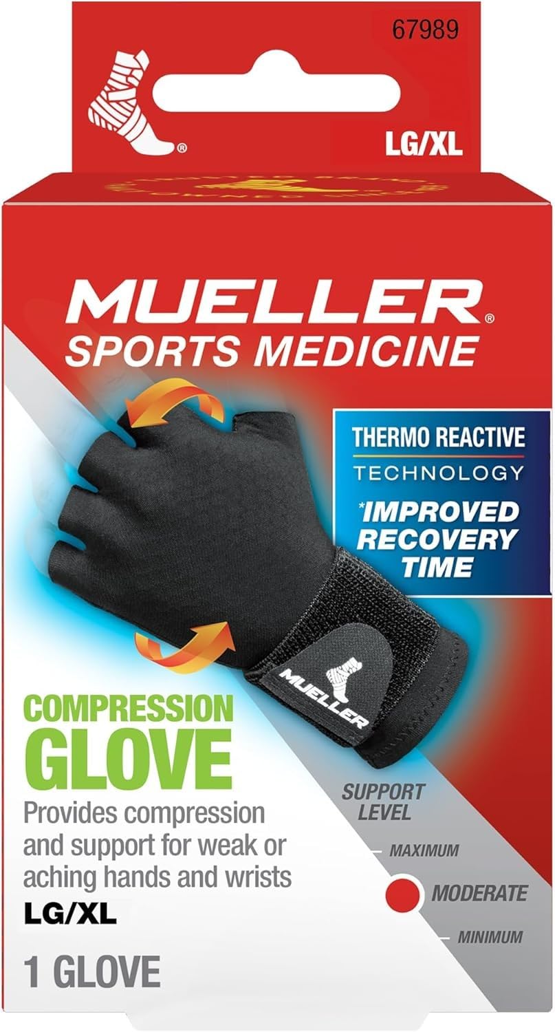 MUELLER Guanto a compressione per medicina sportiva e artrite, supporto per mano e polso, adatto per mano destra o sinistra, per uomini e donne, nero, L/XL, L/XL