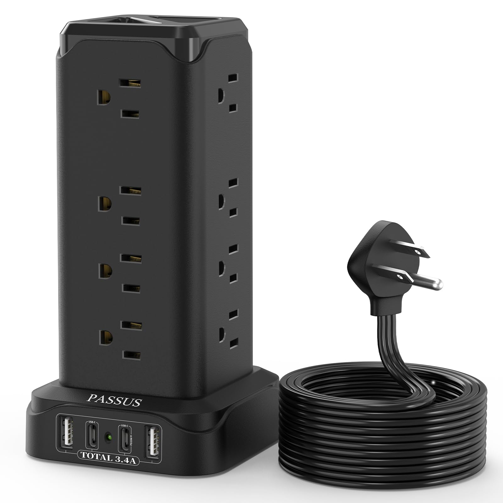 Long Power Strip Surge Protector,16.4FT Extension Cord with 16 AC Outlets,PASSUS 1625W|13A Thin Flat Plug Power Tower with 4 USB(2 USB C,PD20W) Ports for HomeOffice DormRoom Essentials