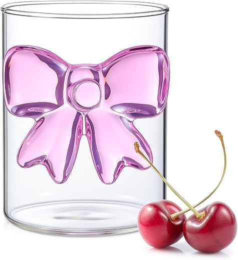 MYNA LIFE Elegant 3D Pink Bow Clear Glass Cup 300 ml Decorative Drinkware for Coffee, Juice &amp; Milk, Gift for Girls &amp; Wome...