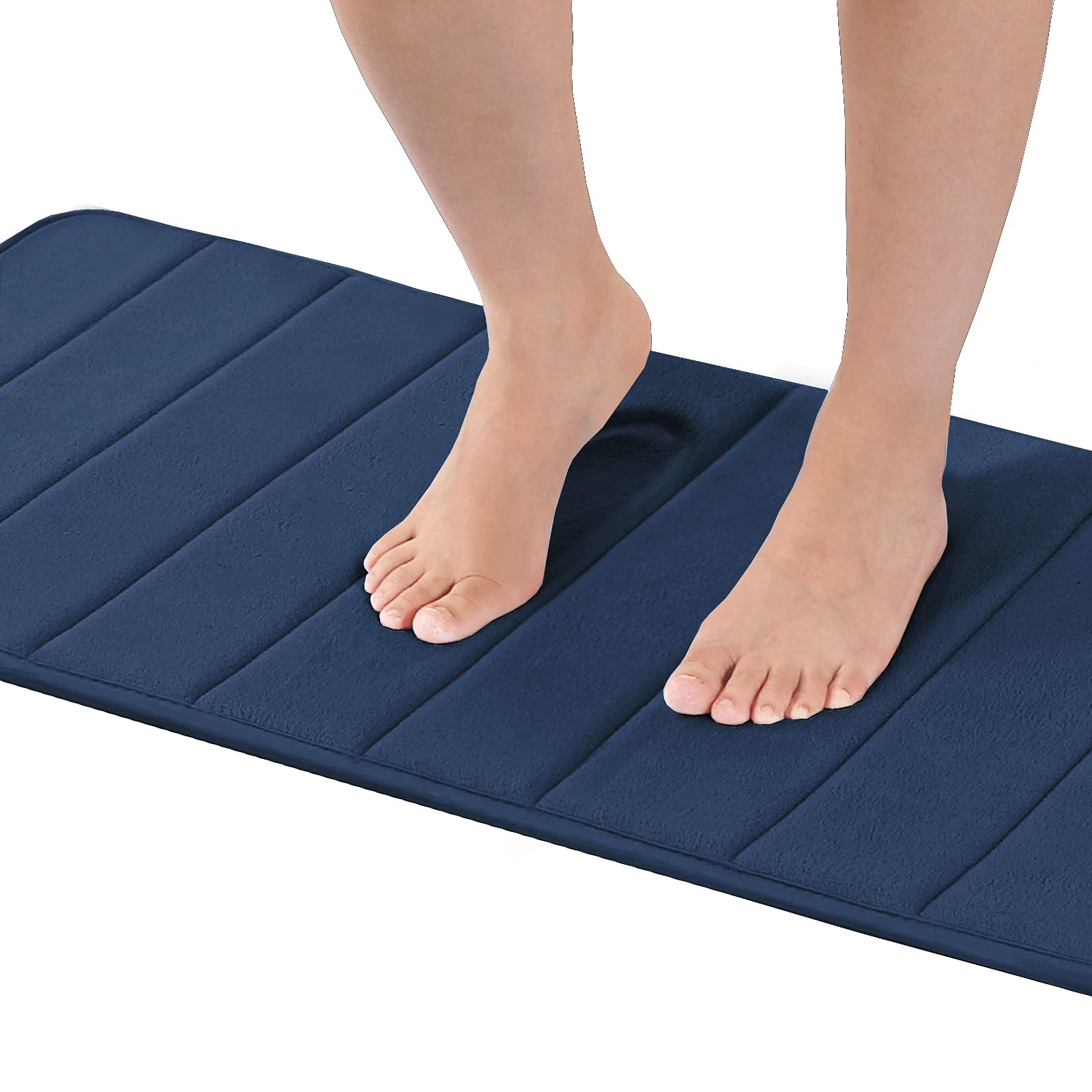 Flamingo P Memory Foam Bath Mat for Bathroom Non Slip Bath Rug Velvet Thick Soft and Comfortable Water Absorbent Machine Washable Easier to Dry Floor Rug Mats, 47x17 Inches, Navy