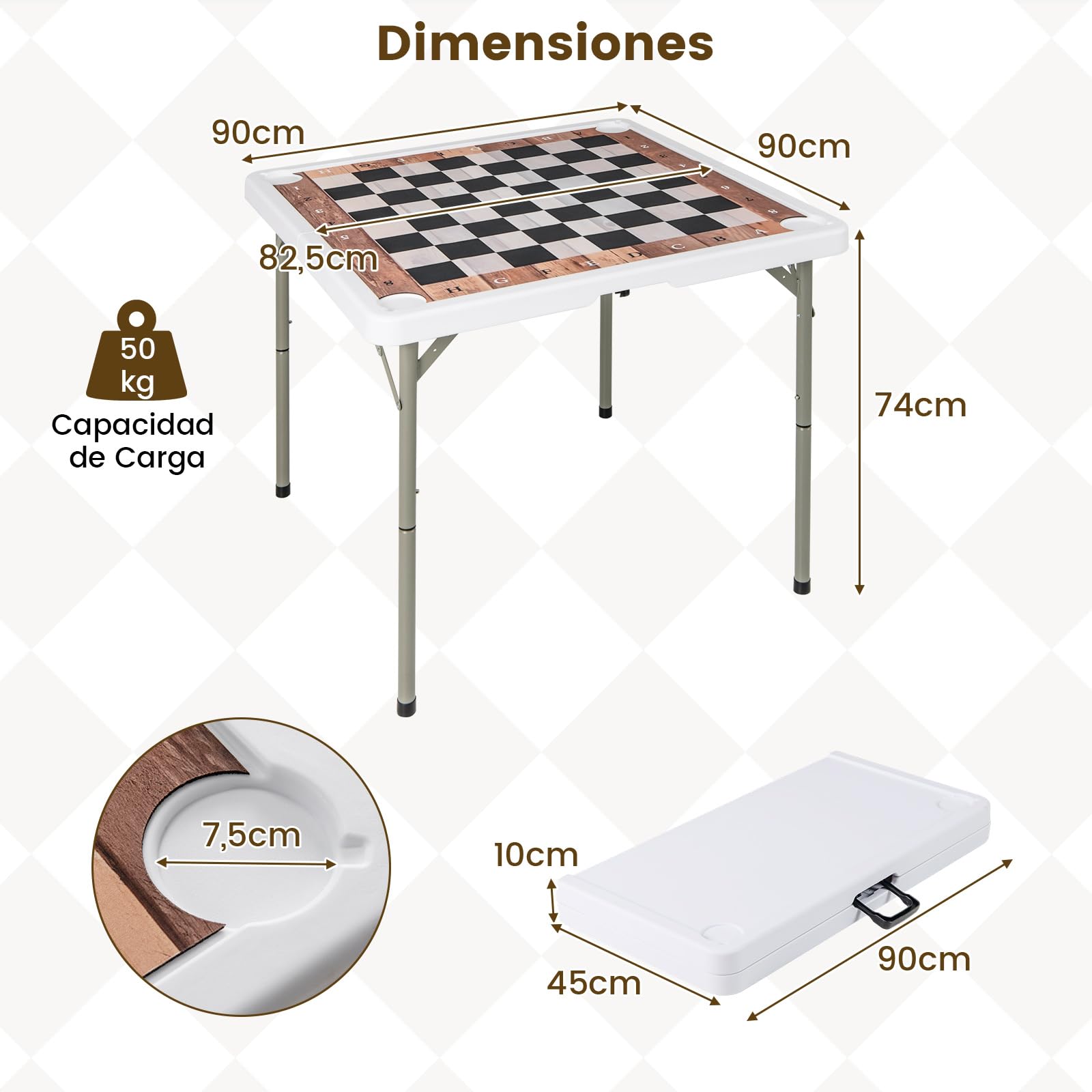 GOPLUS Mesa de Ajedrez Plegable, Tablero de Ajedrez con Asa Integrada y Mantel Resistente, Mesa de Juegos Compacta y Portátil, Mueble de Jugar para Diversión en Interiores y Exteriores