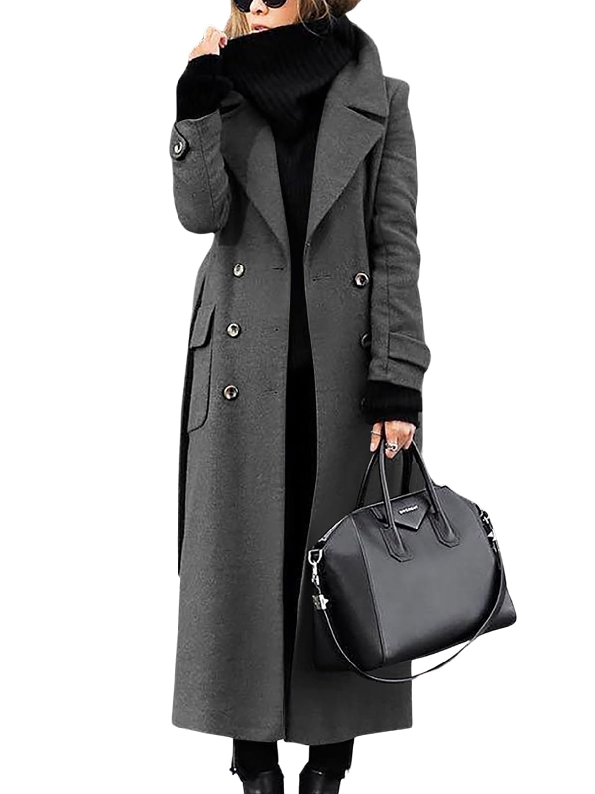 ebossy Women s Winter Double Breasted Wool Coat Elegant Notched Lapel Belted Mid Long Pea Trench Coat