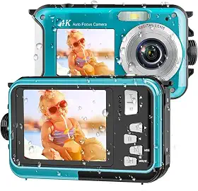 Acuvar Câmera digital à prova d'água, câmera subaquática de 48 MP com tela dupla, foco automático, profundidade de 3 m, ponto flutuante e câmera de disparo para mergulho com snorkel, câmera compacta à