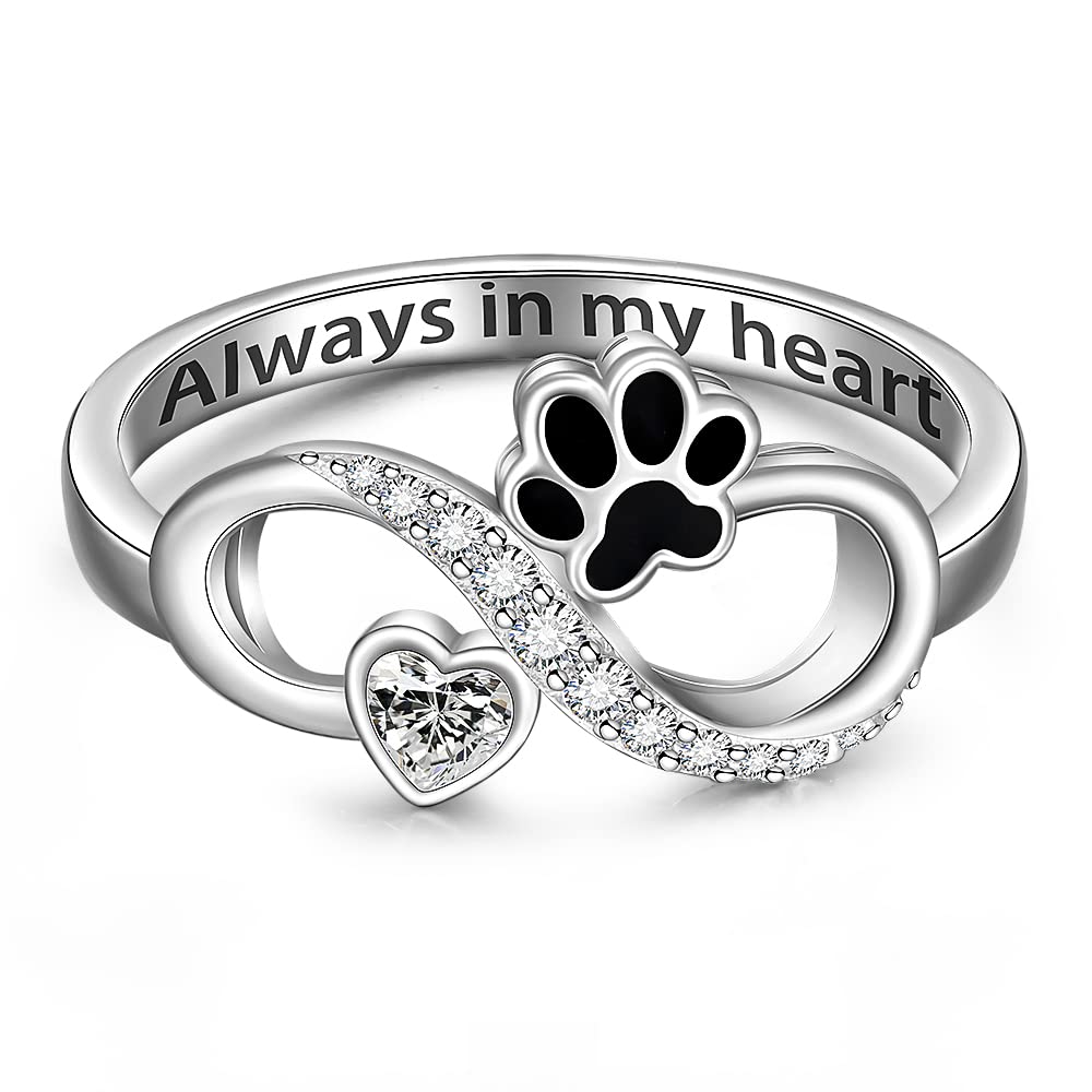 Memorial Cat Paw Print Ring Sterling Silver Dog Infinity Heart Puppy Pet Claw Rings for Women Always in My Heart Animal Family Jewelry Gifts Size 6-10